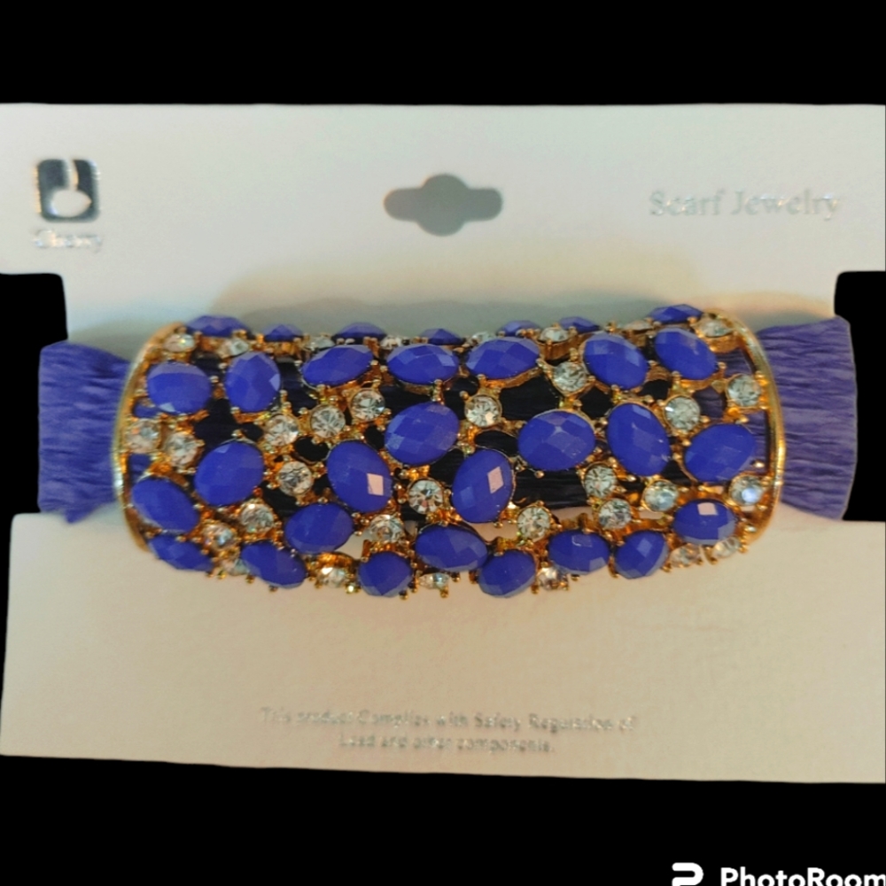 Gold, Blue & Crystal Rhinestone Scarf Slide